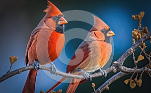 A pair of Northern cardinal perched on a branch, blurred blue sky background generative AI