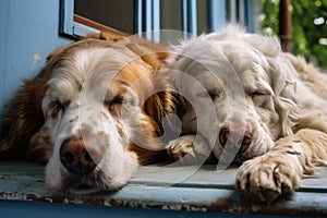 a pair of old dogs sleeping side by side on a porch