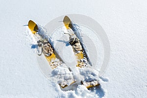 Pair of old fashioned wooden yellow skis on white snow