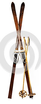 Pair of old wooden alpine skis photo