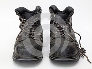 Pair of Old Worn Leather Steel-toe Work Boots Front View