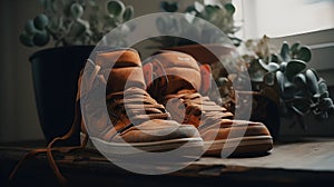 A pair of orange basketball shoes laying at the table