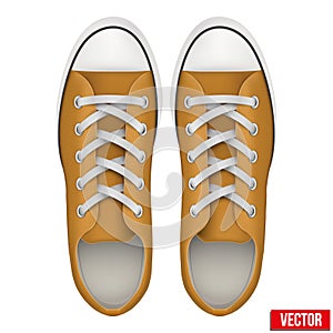 Pair of orange simple sneakers. Realistic Vector