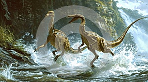 A pair of ornithomimids using their long legs to swiftly navigate through the rushing waters and reach higher ground