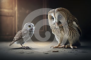 pair of owl and mouse, in dramatic standoff