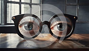 A pair of paranormal looking blue eyes staring through empty glasses or spectacles kept on a reflecting glass surface.