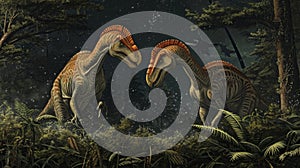A pair of Parasaurolophus use their distinctive crests to identify each other in the darkness while they feast on