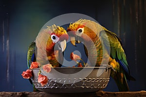 pair of parrots feeding each other