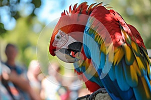 a pair of parrots grooming each other in front of zoo guests