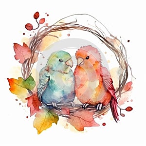 A pair of parrots in love. Cartoon illustration. High quality illustration