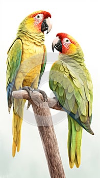 A pair of parrots perches together on a branch