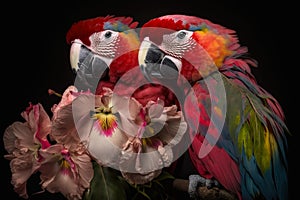 Pair of parrots sitting on a flowery branch on a black background