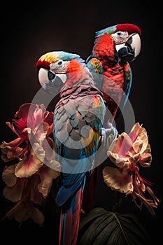 Pair of parrots sitting on a flowery branch on a black background