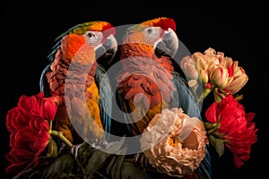 Pair of parrots sitting on a flowery branch on a black background