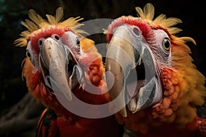 a pair of parrots squawking loudly at each other