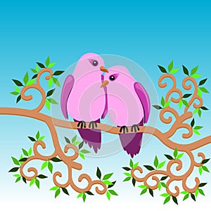 A pair of passionate and cozy birds on flowered branch