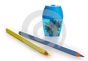 Pair of pencil and pencil sharpener on isolated on a white paper background