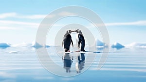 Pair of penguins float on the ice floe in the Southern Ocean in search of food. The effects of global warming, melting glaciers,