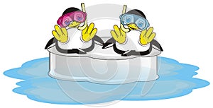 Pair penguins in mask and snorkel