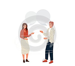 Pair people talking vector background. Young couple man and woman laughing and communicate. Speech bubble over