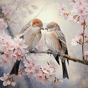 A pair of perched bird on a blossoming cherry tree, exchanging affectionate glances by AI generated