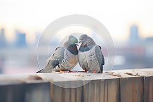 pair of pigeons cooing softly on a city ledge