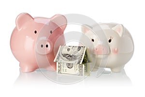 Pair of piggy banks with money house