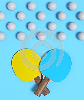 Pair of ping pong rackets for table tennis with ball on blue background