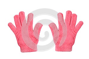 Pair of pink heat resistant knit gloves on white background and clipping path. Item provide protection from burns and injury to