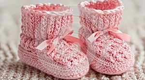 Pair of pink knitted baby booties