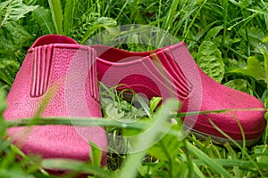 A pair of pink rubber galoshes in the green grass