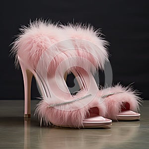 a pair of pink shoes with a furry strap