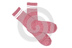 Pair of pink socks isolated on white, top view