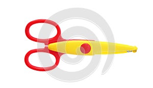Pair of plastic scissors on white