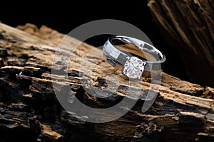 a pair of platinum wedding bands on a charred tree stump