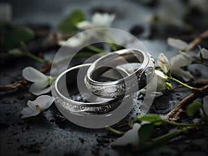 Pair of platinum wedding rings with bokeh background