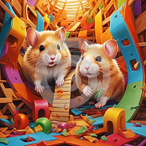 A pair of playful Hamsters exploring a colorful maze, their tiny paws and whiskers conveying their excitement by AI generated