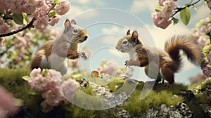 A pair of playful squirrels chasing each other through a blossoming orchard