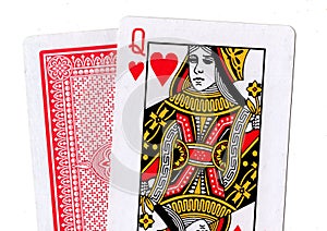 A pair of playing cards with the queen of hearts revealed.