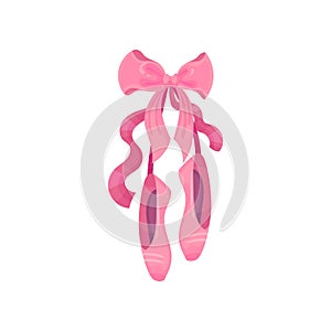 Pair of pointe shoes hanging on the tape. Vector illustration on white background.