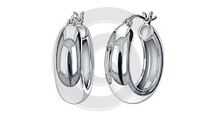 Pair of polished silver hoop earrings with a smooth, reflective surface. Each earring