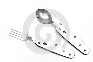 A pair of portable folding fork and spoon utensil set