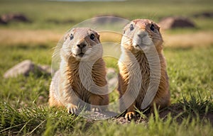 A pair of prairie dogs on a grassy surface in summer time .