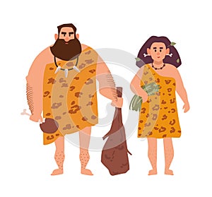 Pair of primitive archaic man and woman dressed in fur clothes and standing together. Romantic couple from Stone Age