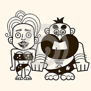 Pair of primitive man and woman dressed in fur clothes and standing together. Romantic couple from Stone Age, Vector illustration