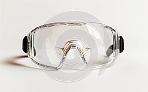 A pair of professional safety goggles, white background