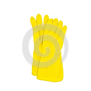 a pair of protective yellow household rubber gloves isolated