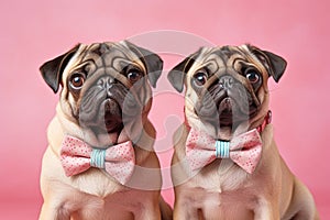 Pair of Pug dogs with bowties on pastel pink background