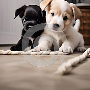 A pair of puppies with floppy ears, playing tug-of-war with a squeaky toy5