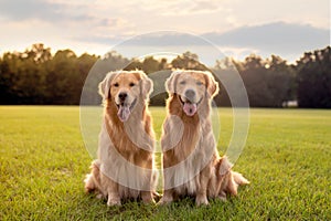 Pair of purebred golden retriever dogs at the park